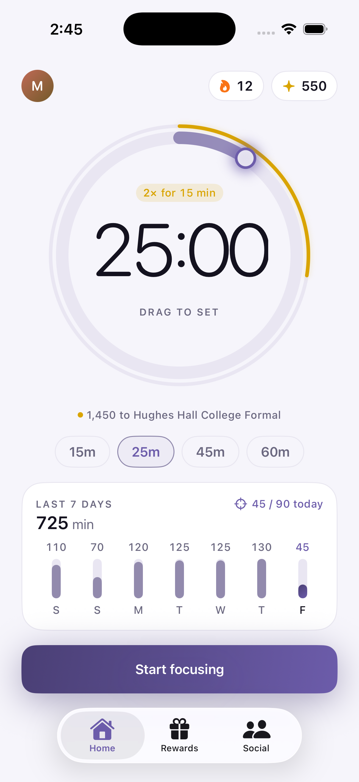 The Zenera home screen: a twenty-five minute timer, a gold ring counting towards a saved reward, and the last seven days below it.