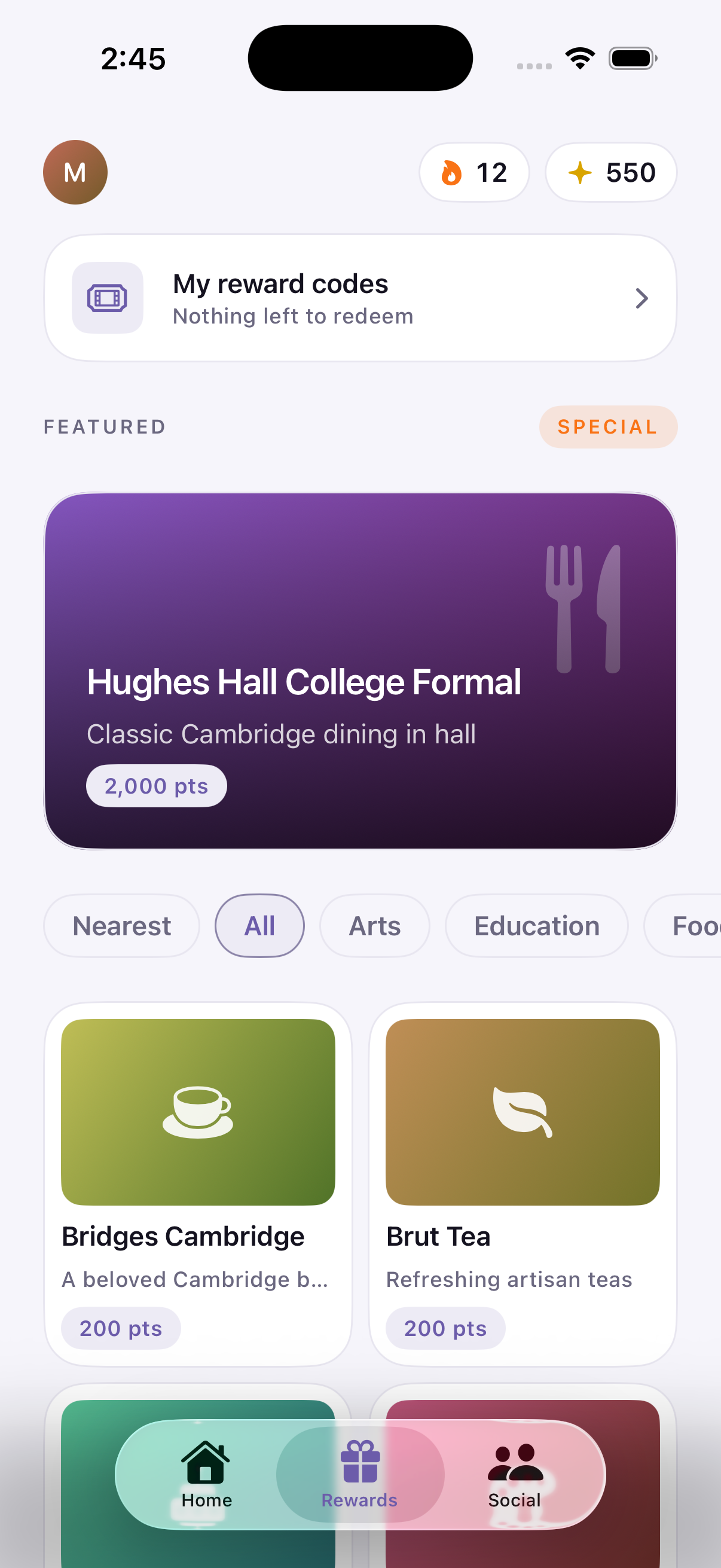 The Zenera rewards screen, listing offers from nearby businesses priced in tokens.